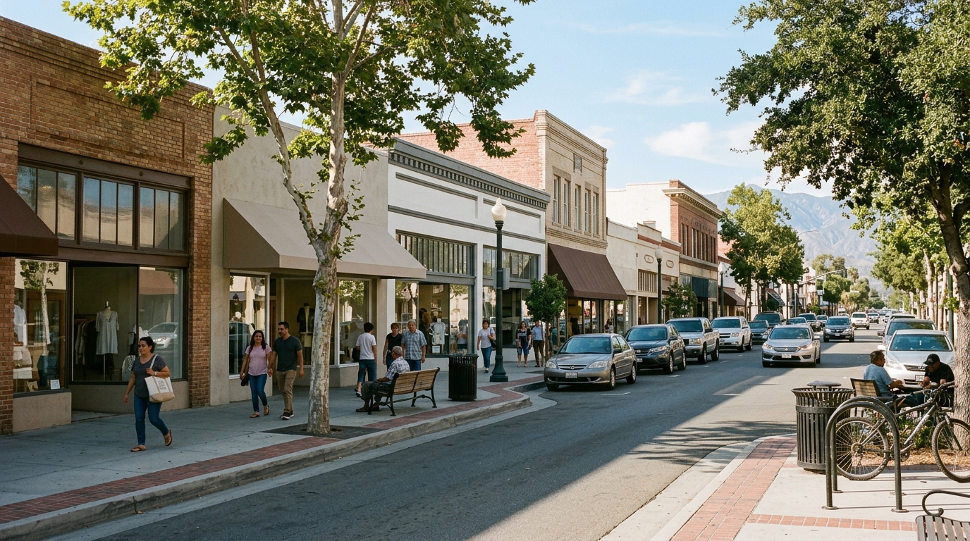 Commercial storefronts along a downtown Hemet corridor