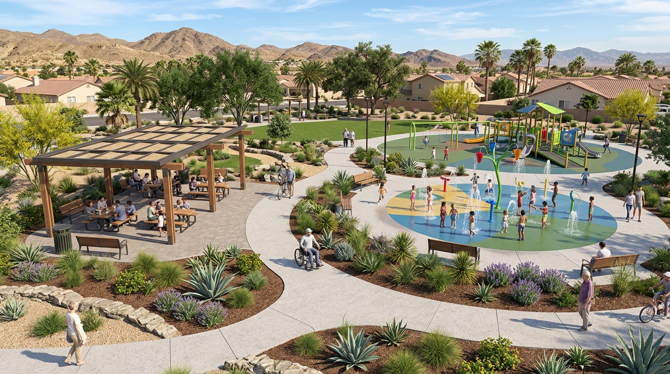 Conceptual neighborhood park redesign with splash pad and shaded seating