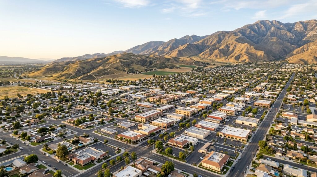 Downtown Hemet commercial district and surrounding valley neighborhoods