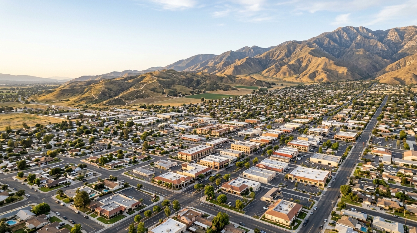 Downtown Hemet commercial district and surrounding valley neighborhoods