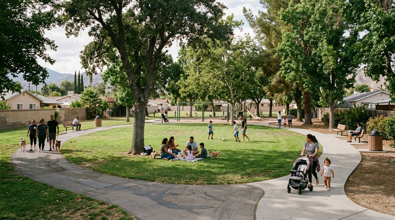 Existing lawn and mature shade trees at a Hemet neighborhood park
