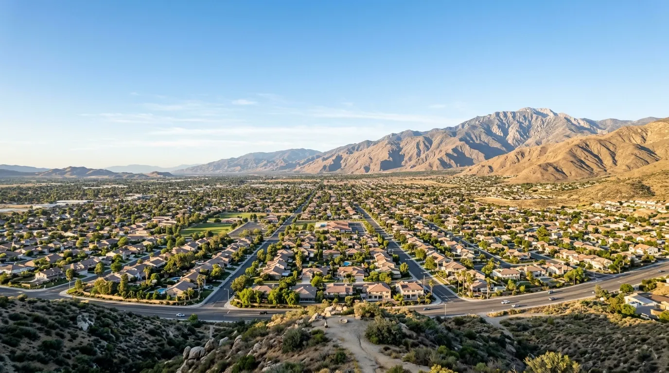 Hemet neighborhoods and foothills under morning light