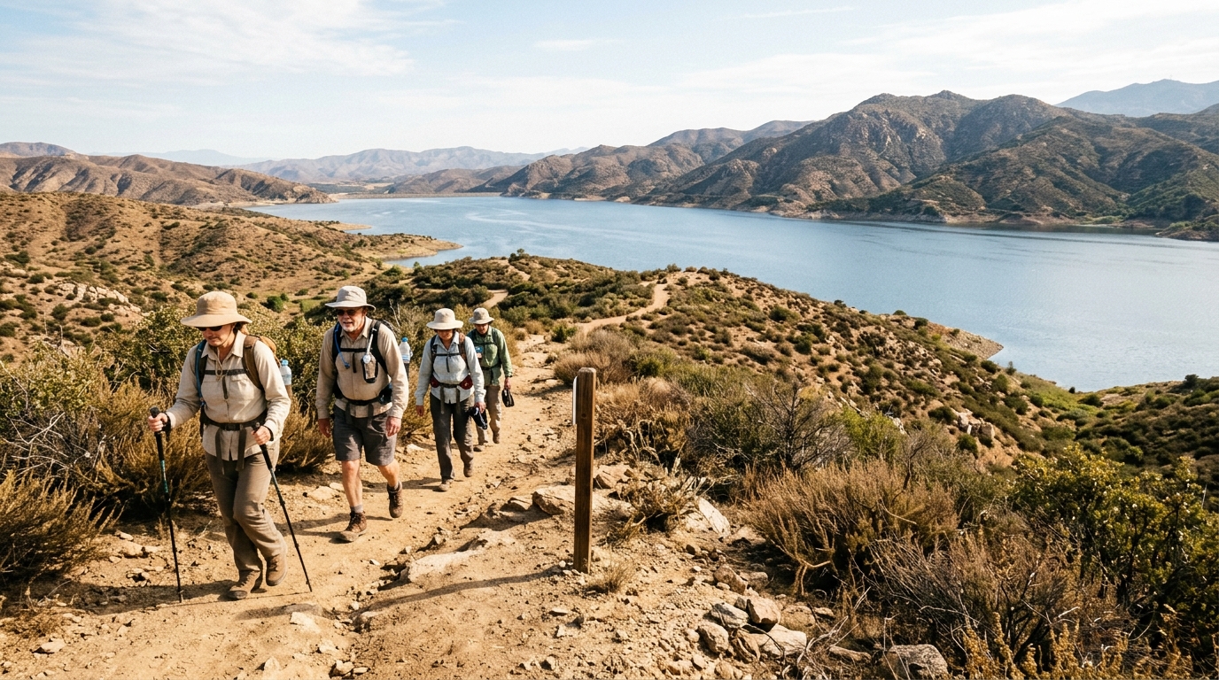Hikers on an exposed trail overlooking Diamond Valley Lake