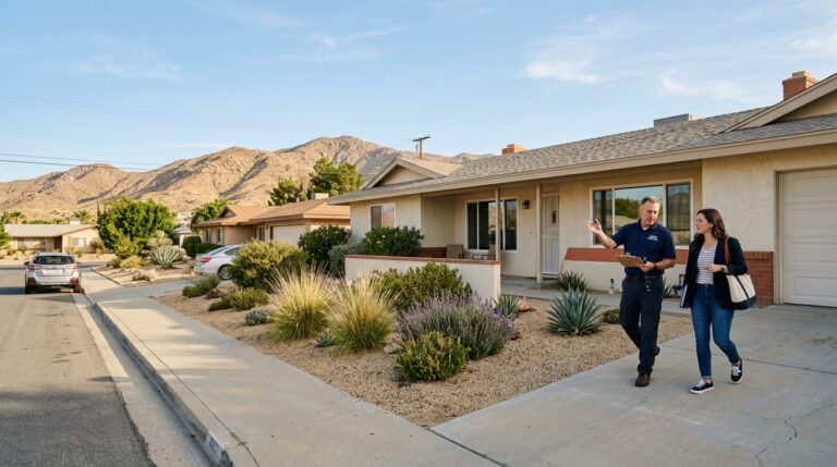Homebuyer and inspector reviewing a single-story Hemet property