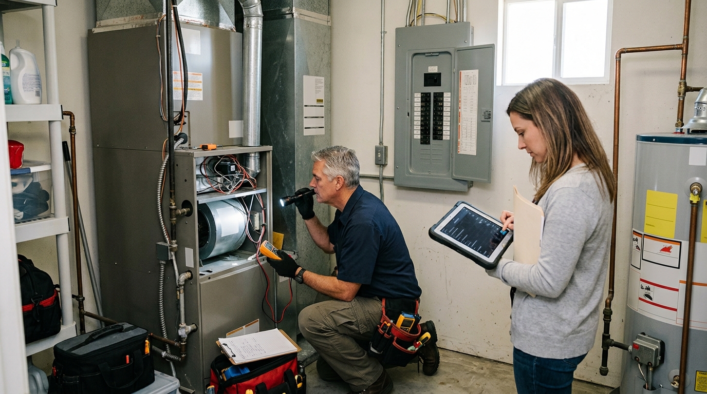 Inspector checking HVAC equipment and permit information in a Hemet home