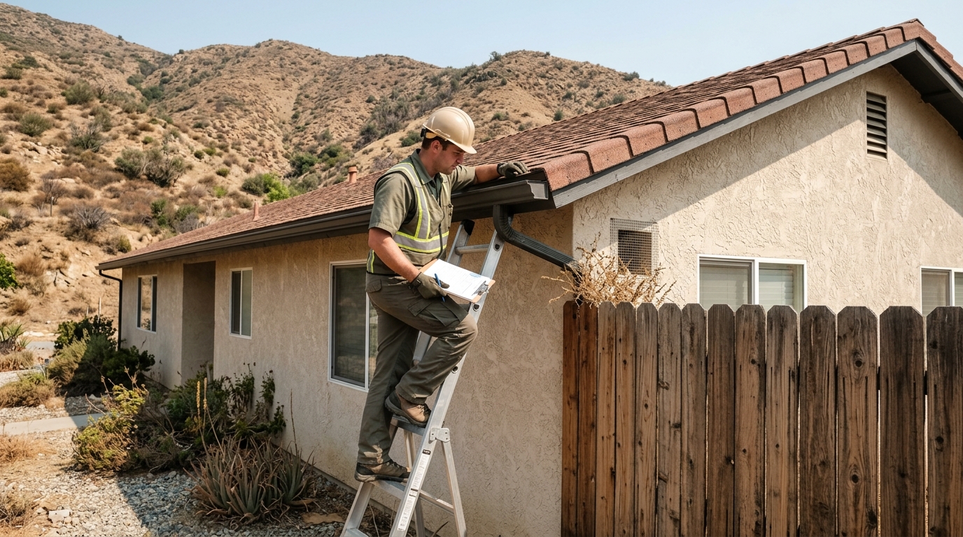 Inspector reviewing wildfire vulnerabilities around a Hemet home