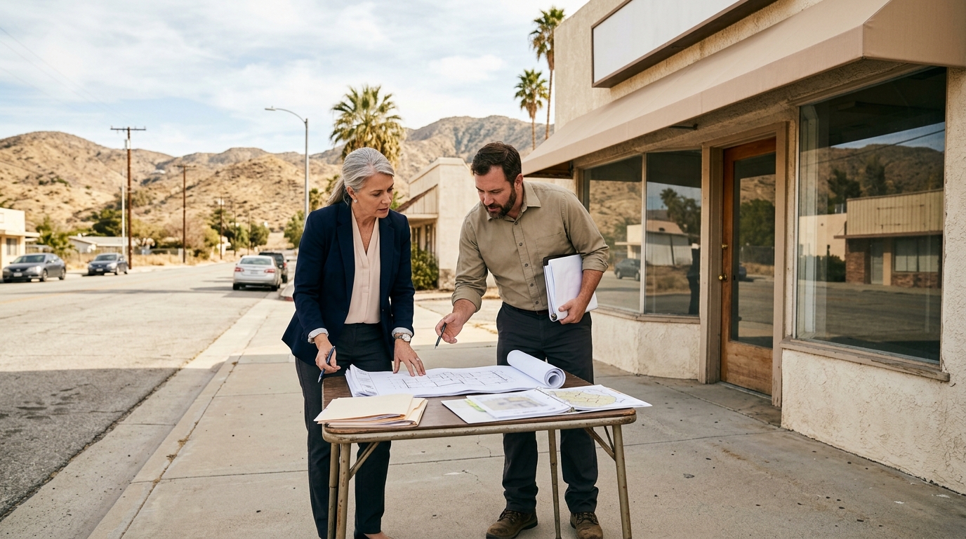 Property buyer reviewing plans outside a Hemet commercial building
