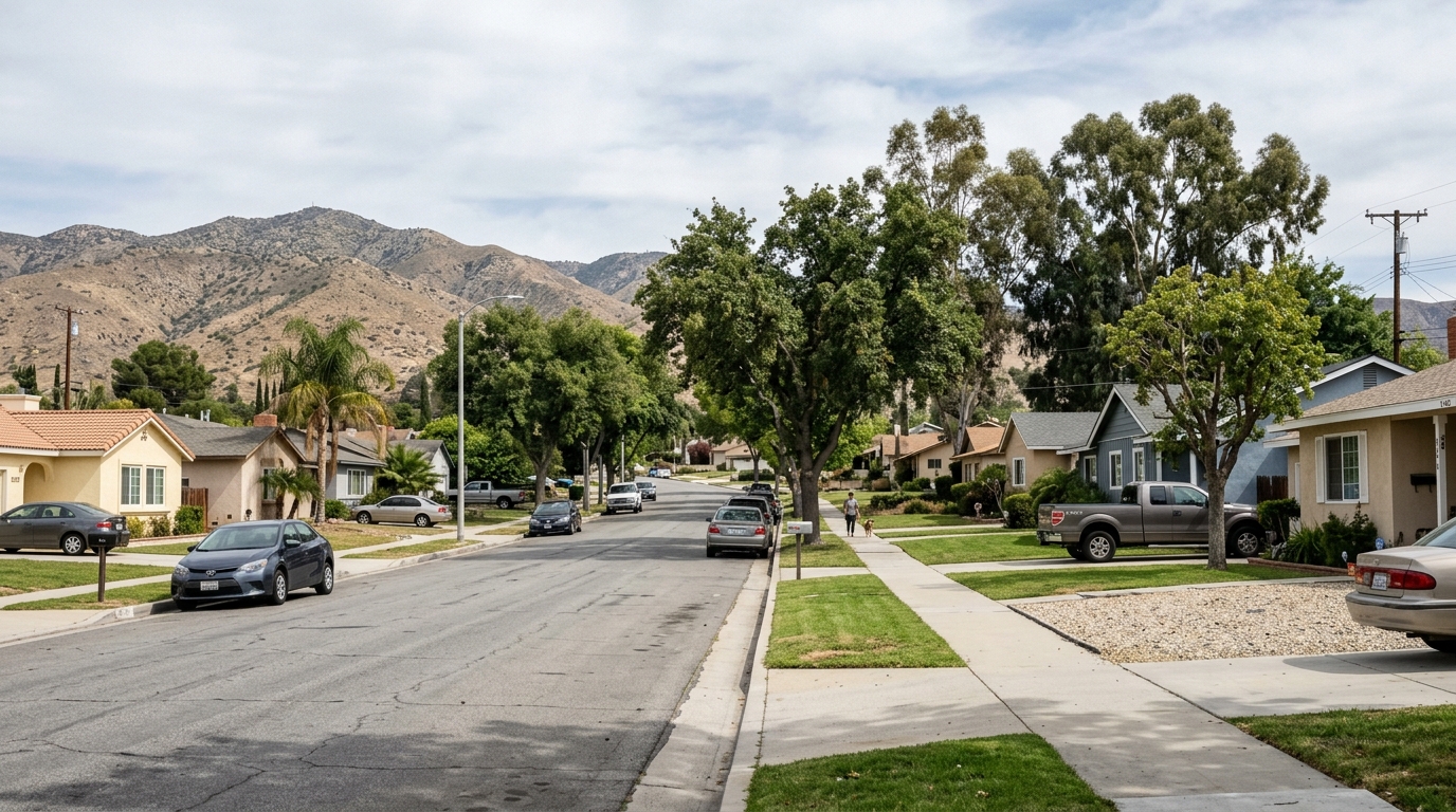 Residential block with single-story homes in Hemet