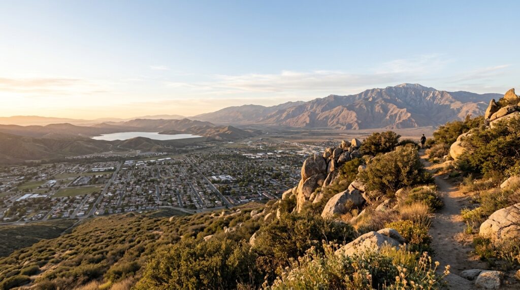 View across Hemet and Diamond Valley Lake from Simpson Park